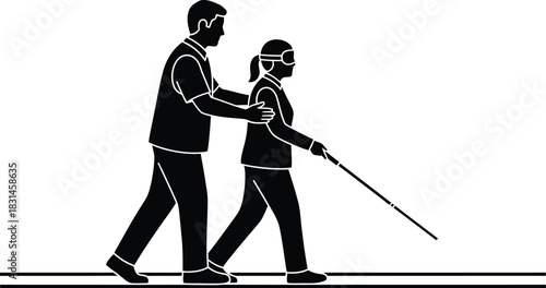 Vision Impairment Assistance Icon Man Guiding Blindfolded Woman Walking Silhouette Black and White Vector Graphic
