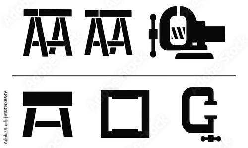 Essential workshop and construction tools icon set for woodworking, carpentry, and DIY projects, featuring sawhorses, clamps, and a durable bench vise as black silhouettes