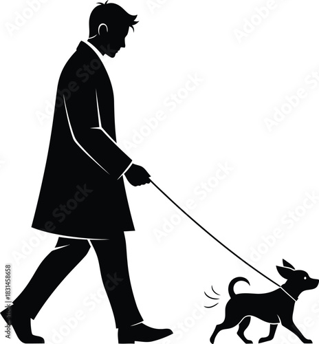 Black and white silhouette vector of a man walking a small dog on a leash Dog owner pet companion graphic element