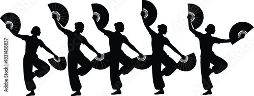 Five Dancers Performing Traditional Fan Dance Routine Silhouette Vector