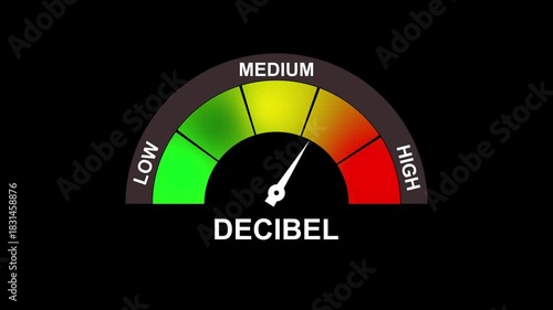 Decibel meter showing medium level with red yellow and green zones. 4K motion animation on a transparent background alpha channel.