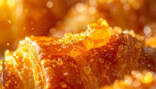 Close up macro view of flaky pastry layered with glistening amber honey and sugar crystals