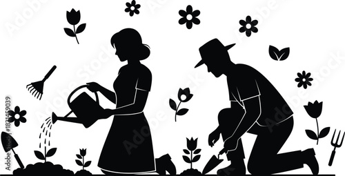 Black Silhouette of Couple Gardening Planting and Watering Flowers Vector Illustration