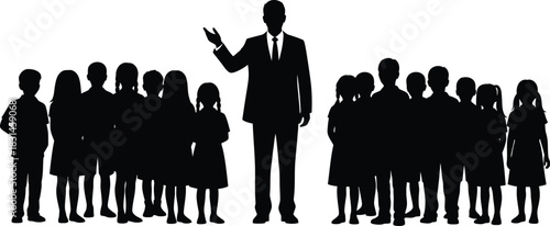 Adult Man Speaker Silhouette Standing Among Group of Children Students Black and White Vector