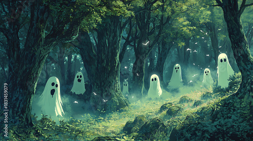 Ethereal forest path with ghosts