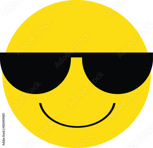 A cheerful yellow cartoon emoji face wearing stylish black sunglasses, smiling subtly, perfectly conveying concepts of coolness, confidence, chill, sophistication, and relaxation.