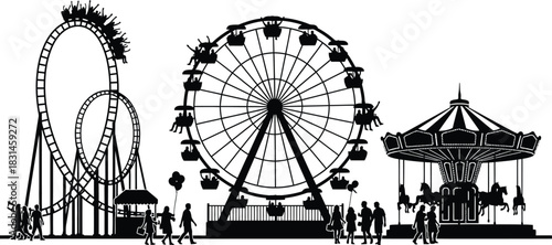 Amusement Park Rides Silhouette Vector Illustration Carnival Fairground Icon Set with Roller Coaster Ferris Wheel and Carousel