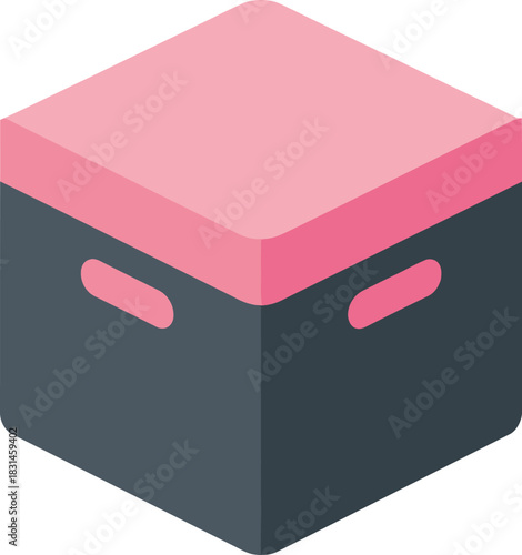 Modern isometric illustration of a stylish dark grey storage box with a vibrant pink lid, perfect for organizing and decluttering various items in a home or office setting