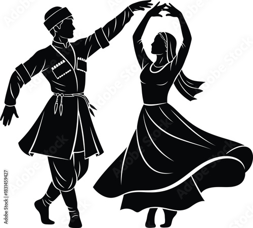 Georgian Folk Dance Couple Silhouette Traditional Caucasian Dancers Vector Icon