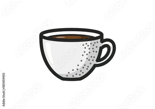 White coffee cup with black outline and handle filled with dark liquid.