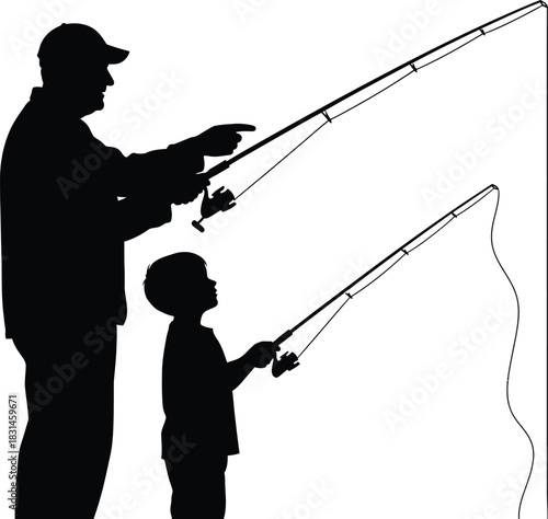 Adult Man and Boy Fishing Silhouette Vector Illustration Grandfather Teaching Grandson Leisure Sport Hobby