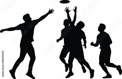 Ultimate Frisbee Players Silhouette Jumping and Reaching for the Flying Disc Vector Graphic