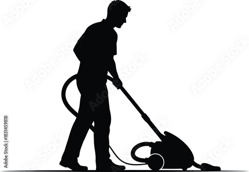 Male person cleaning floor with vacuum cleaner silhouette vector icon