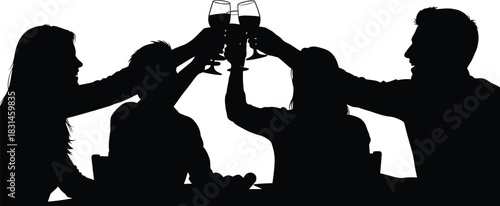 Group of friends making a celebratory toast with wine glasses at a dinner party silhouette vector