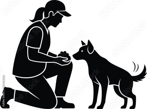 Dog Trainer or Owner Kneeling and Interacting with Pet Dog Black and White Silhouette Vector