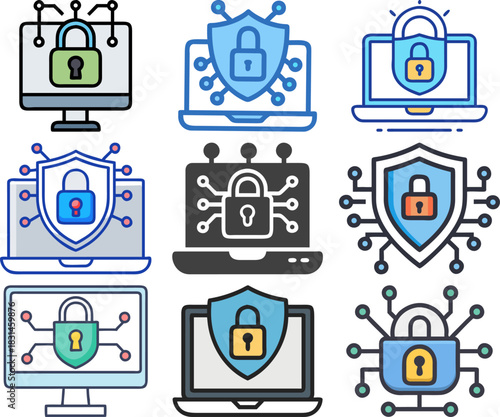 Cybersecurity icon set with lock shields for data safety, online privacy and secure networks.