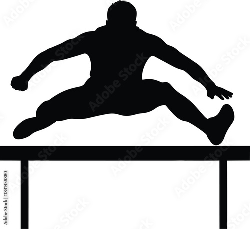 Vector silhouette of a male athlete jumping over a hurdle track and field sport icon