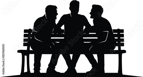 Three Male Friends Talking on Park Bench Black Silhouette Vector Illustration Communication and Friendship Icon
