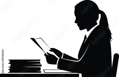 Professional Woman Reading Documents at Desk Silhouette Vector Icon