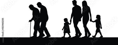 Multi-Generational Family Walking Forward Silhouette Vector Life Cycle Concept