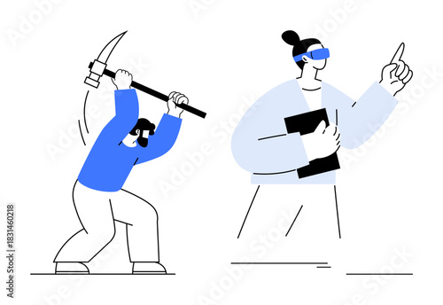 Person mining with a pickaxe beside a tech-focused individual with VR headset and tablet. Ideal for innovation, work evolution, digital innovation, technology contrast, industry change, modern tools