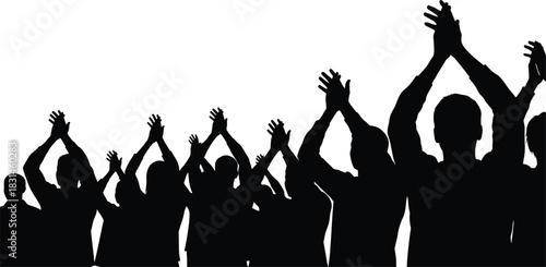 Crowd of people applauding raising hands up silhouette vector illustration