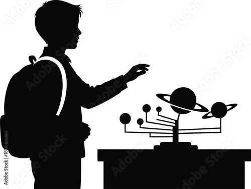 Student Silhouette Examining Solar System Orrery Model Science Education Concept Black and White Vector Graphic
