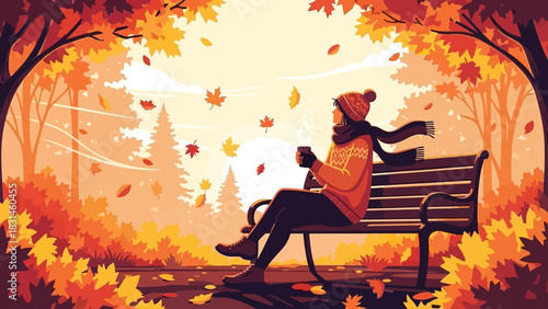 A serene autumn illustration of a person relaxing on a park bench with a warm drink, surrounded by colorful falling leaves and fall foliage