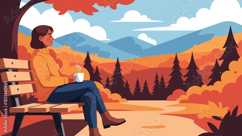 Woman enjoying a cup of coffee while sitting on a park bench in a scenic autumn landscape