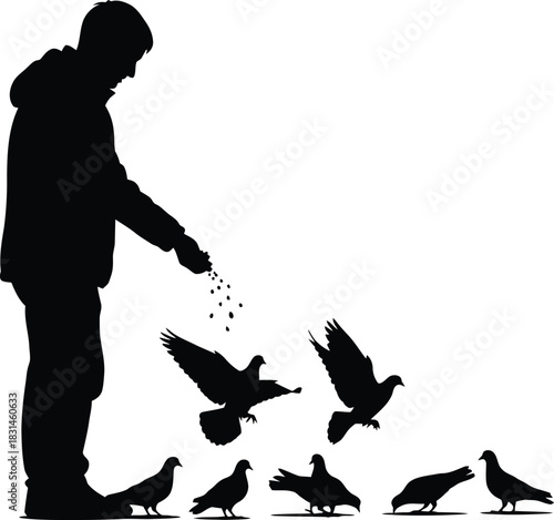 Vector Silhouette of Person Feeding Pigeons Flock on Ground and in Flight