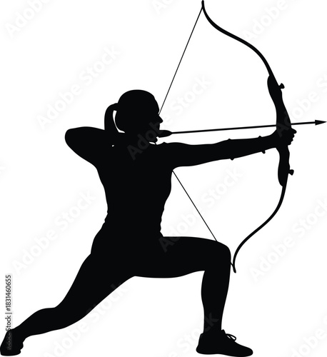Female Archer Silhouette Drawing Recurve Bow Vector Graphic Sport Icon Black and White