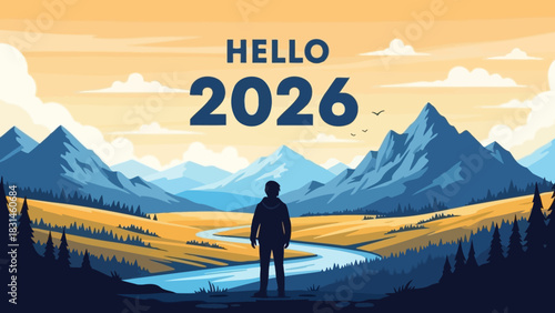 Inspirational illustration of a person facing a new horizon, representing future goals and the start of a new journey