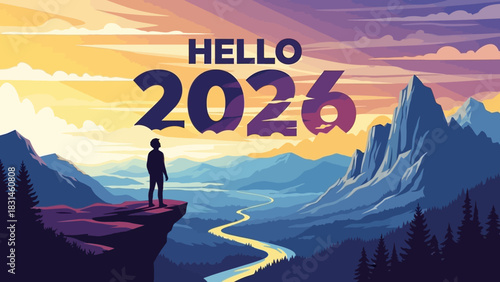 Vector illustration of a person standing on a cliff looking at a mountain landscape, symbolizing hope and a new beginning for the year 2026