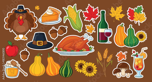 Thanksgiving cartoon food and harvest elements,Thanksgiving cartoon stickers featuring turkey, roasted dinner, pie, wine, pumpkins, corn, leaves, and season
