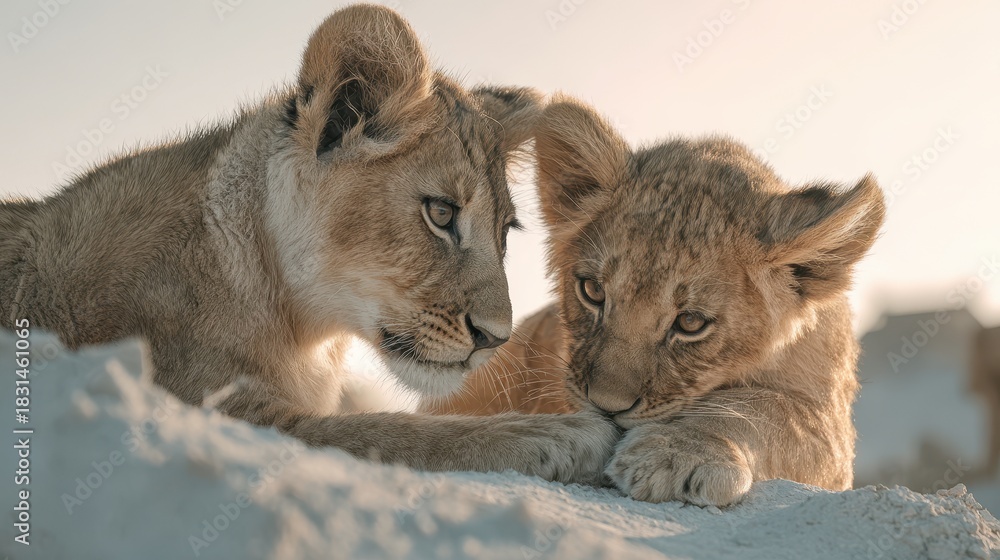 Fototapeta premium Two playful lion cubs interacting in a serene environment.