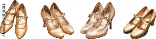 Watercolor illustration set of vintage Mary Jane shoes in sepia tones, hand-painted elegant feminine footwear, classic retro style design isolated on white background