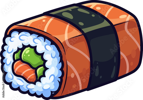 Delicious Salmon Sushi Roll with Avocado and Cucumber Inside.