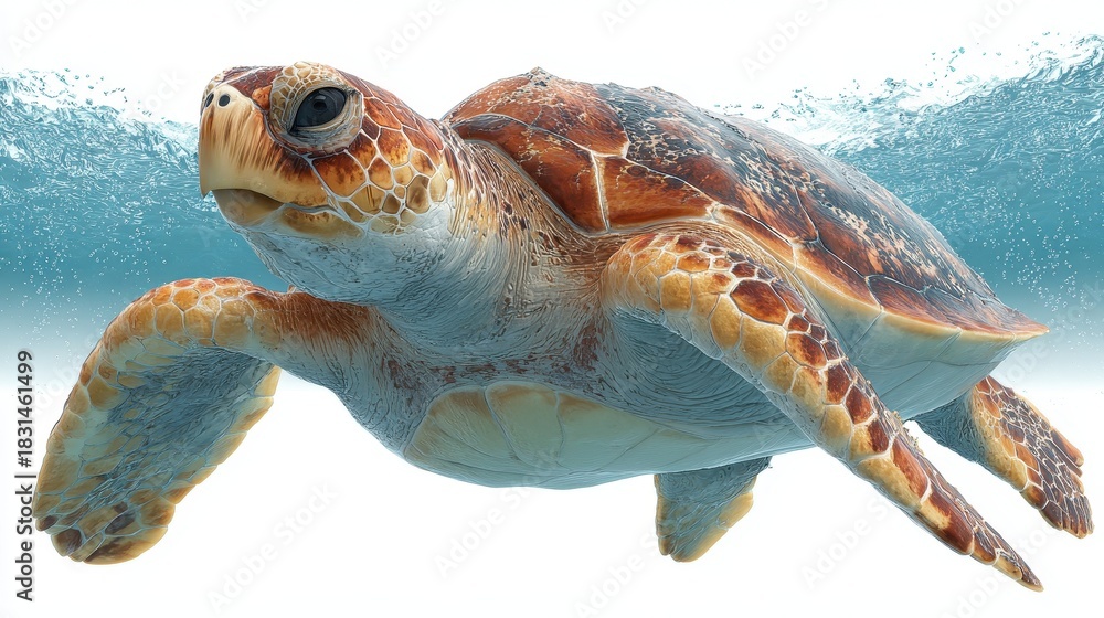 Fototapeta premium A serene turtle gliding gracefully through clear ocean waters.