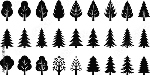 Stylized Black Silhouette Collection of Diverse Tree Icons, Including Evergreen Pines, Firs, Conifers, and Deciduous Maples for Nature, Forest, Ecology, and Outdoor Graphic Design Elements