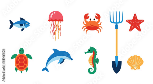 Colorful marine life collection with fish jellyfish crab and tools