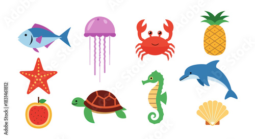 Colorful marine life collection with fish crab dolphin and pineapple