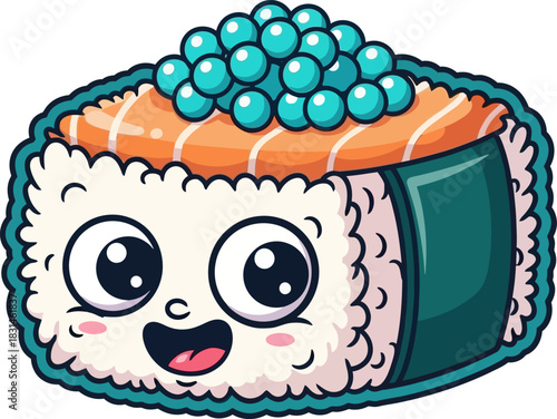 Cute sushi roll with salmon and caviar smiling happily.