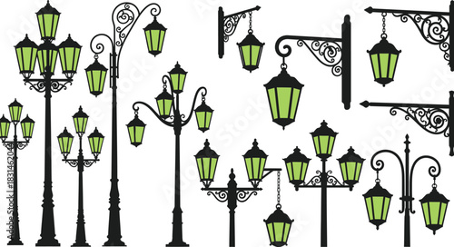Collection of vintage street lamps and wall lanterns silhouettes