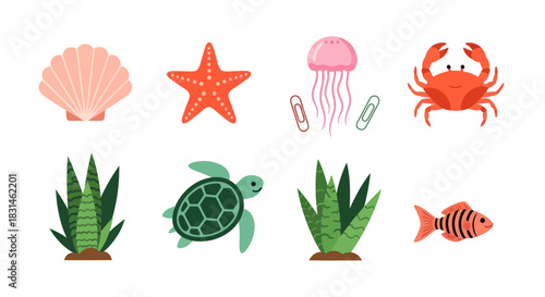 Colorful sea creatures and marine elements isolated on white background