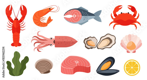 Colorful seafood collection lobster shrimp fish crab squid oyster and more