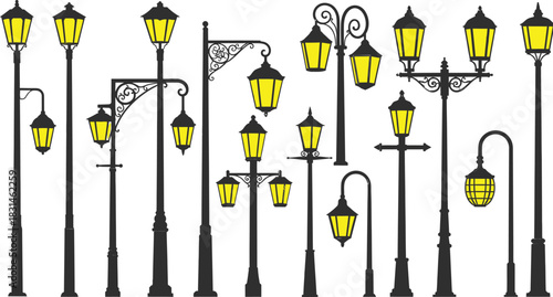 Collection of vintage street lamps and lanterns in silhouette on a white background