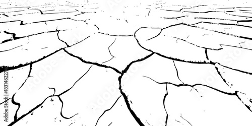 Dry, cracked earth texture with bold contrast and detailed fissures, depicting drought and climate change. High-resolution abstract background perfect for environmental, natural, and conceptual design