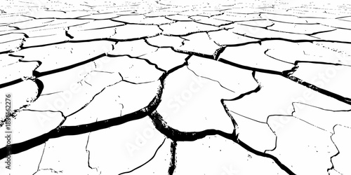 Dry, cracked earth texture with bold contrast and detailed fissures, depicting drought and climate change. High-resolution abstract background perfect for environmental, natural, and conceptual design