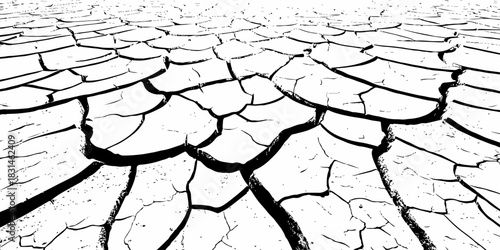 Dry, cracked earth texture with bold contrast and detailed fissures, depicting drought and climate change. High-resolution abstract background perfect for environmental, natural, and conceptual design