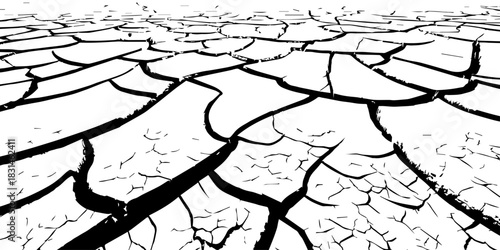 Dry, cracked earth texture with bold contrast and detailed fissures, depicting drought and climate change. High-resolution abstract background perfect for environmental, natural, and conceptual design